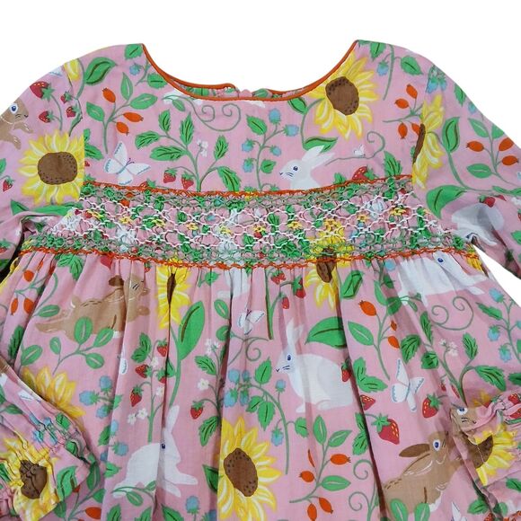 Mini Boden Other - Mini Boden Pink Floral Bunnies Summer Sunflowers Dress Size 2-3Y Embroidered Euc